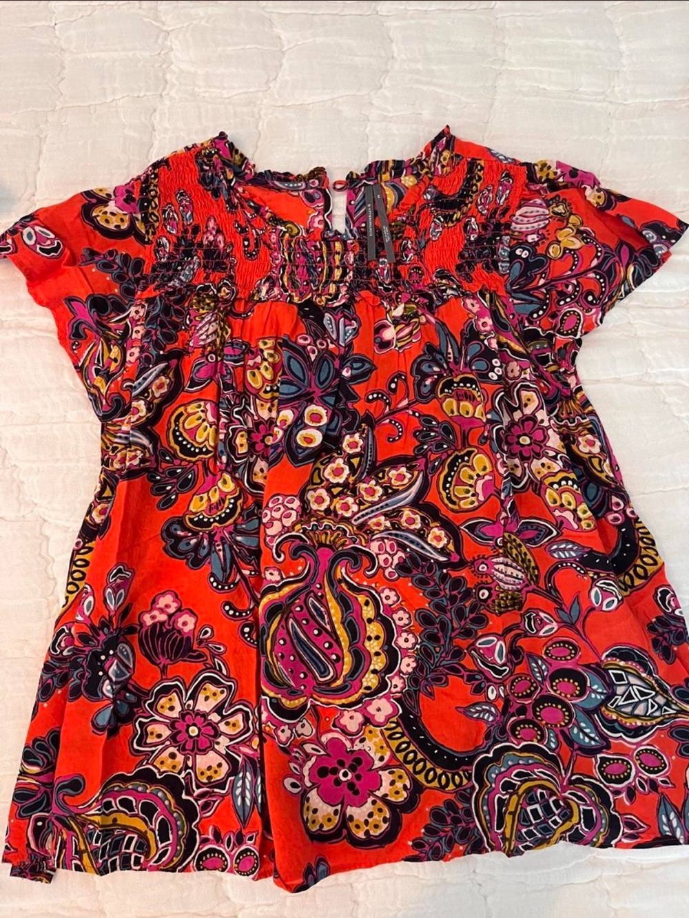 Anthropologie Vibrant Red Floral Paisley Short Sleeve Top XS